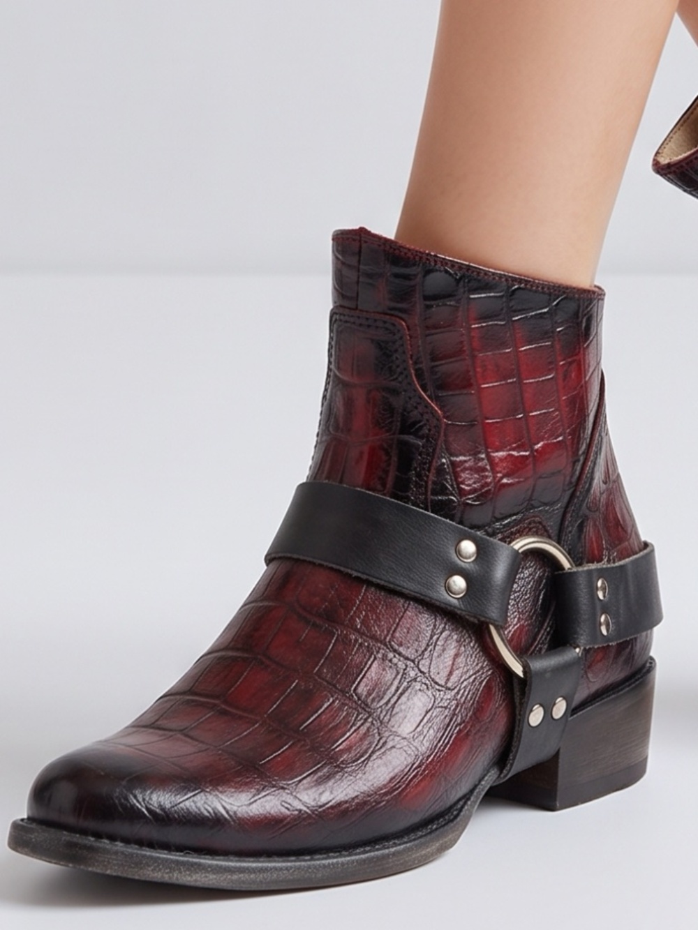 FREEBIRD BY STEVEN • Santiago Oxblood Croc Embossed Leather Harness Boots Size 8